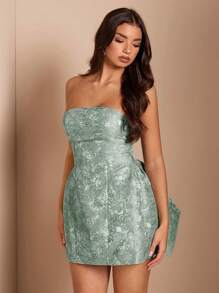 SHEIN BAE Vestido de satén jacquard con lazo en la espalda y peplum para mujer, apropiado para salidas nocturnas, citas, bailes, Halloween, Navidad
