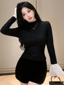 DAZY 女式拼色立领喇叭袖修身T恤，春秋长袖女上衣，秋季女装立领女装