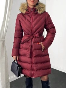 EURMUSE FUZZY TRIM BELTED HOODED WINTER COAT - Rose Red - View 3