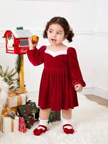 SHEIN Vestido de manga larga de terciopelo rojo elegante y lindo para bebé niña en otoño/invierno, conjunto a juego de mamá e hija para Navidad (2 piezas se venden por separado) - Rojo - Ver 10