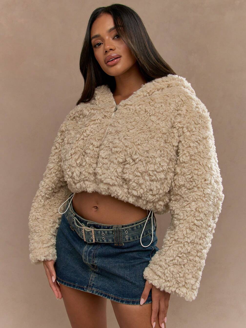 MISSGUIDED Fluffy Teddy Bear Hooded Zip Up Cropped Jacket｜MISSGUIDED
