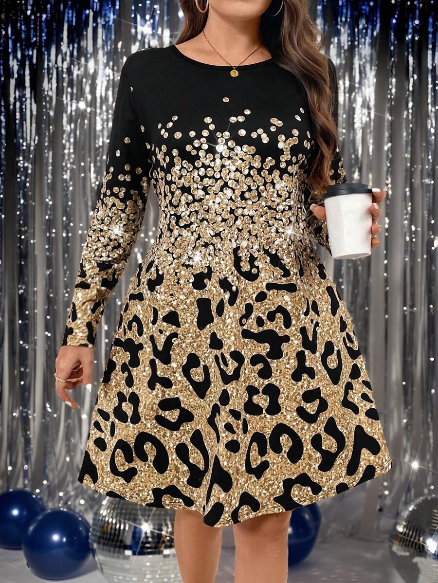 SHEIN LUNE Plus Size Women Leopard Ombre Print Crew Neck Long Sleeve Casual Dress Business Casual Holiday Party Dresses For Women Dress - Multicolor - View 1