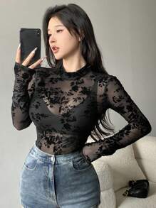 DAZY 女式花卉印花透明长袖衬衫外出上衣，秋季服装 - 黑色 - 查看 7