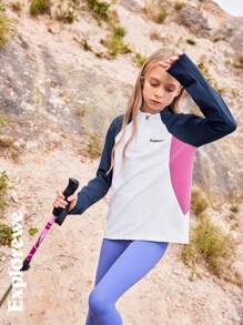 SHEIN Outdoor Casual Color Block Half Zip Stand Collar Long Sleeve Comfy T-Shirt Top For Tween Girls, Suitable For Outdoor Activities, Everyday Casual, Sports & Street Style