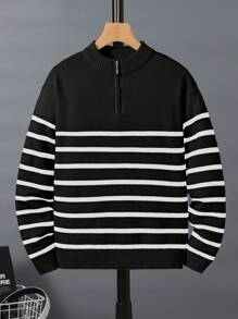 SHEIN Leap Crew Tween Boy Stand Collar Cardigan Striped Sweater,In Fall/Winter - Black and White - View 1