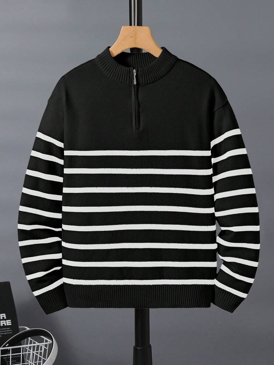 SHEIN Leap Crew Tween Boy Stand Collar Cardigan Striped Sweater,In Fall/Winter - Black and White - View 1