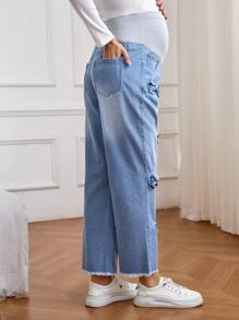 SHEIN Maternity Simple Patchwork Bowknot Decor Casual Denim Pants, Jeans - Light Wash - View 2