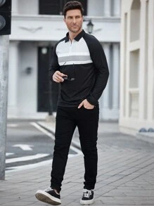 Manfinity Homme 男式拉链长袖拼色条纹设计商务休闲 Polo 衫 - 彩色 - 查看 5