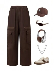 Loose Fit Casual Teen Trousers With Zipper Pockets, For Spring And Autumn - Brown - View 4