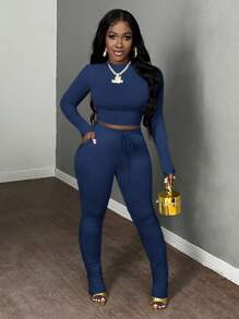 Slaydiva 2 piezas Conjunto informal de mujer de manga larga corta y pantalón deportivo con cordón en la cintura, otoño/invierno - azul real - Ver 6