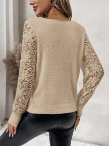 SHEIN Clasi Suéter de manga larga con parches de encaje de unicolor y diseño simple para uso diario en otoño/invierno - Camel - Ver 2