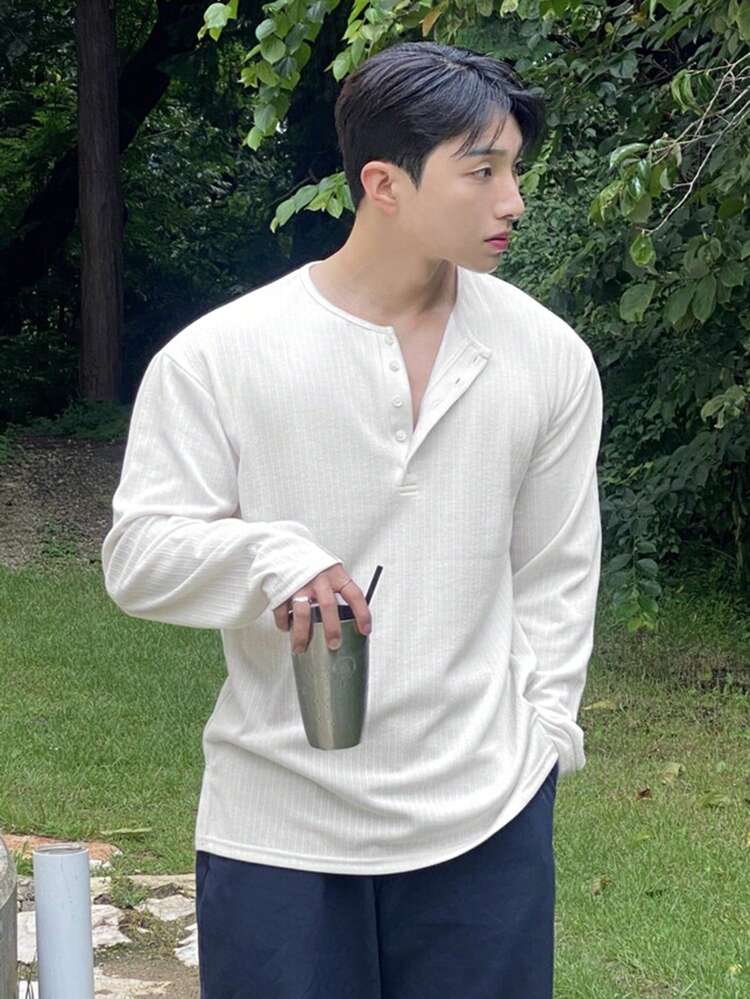 Long-Sleeve Half-Placket Plain Casual T-Shirt For Men, Autumn, Fall