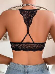 女士前蕾丝闭合文胸加垫聚拢钢圈胸罩 - 黑色 - 查看 2