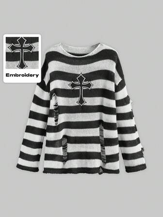 Goth Suéter holgado con rayas y patrón cruzado, talla grande, para la escuela