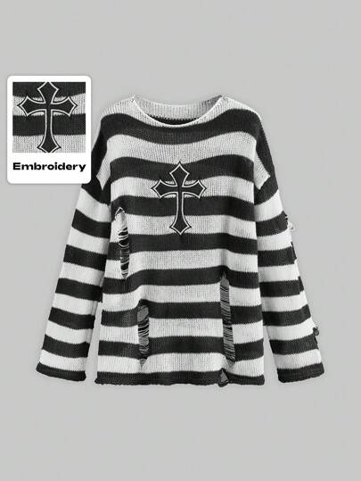 Goth Plus Size Striped Cross Pattern Pullover Sweater, School