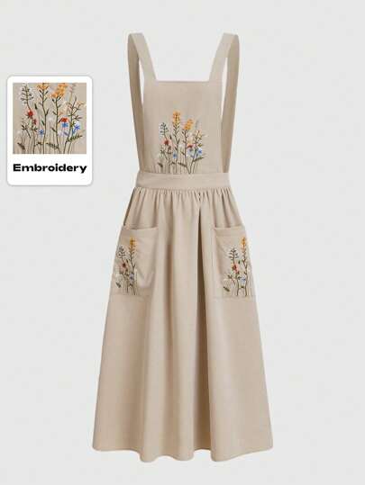 Fairycore Abito salopette con ricamo floreale rinascimentale, con tasche sul davanti, adatto per la scuola