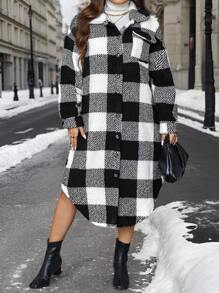 SHEIN LUNE Plus Size Teddy Plaid Print Button Front Long Sleeve Coat, Autumn/Winter Winter Clothes Thermal Hoodies - Black and White - View 4