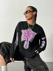 SHEIN Unity Sudadera holgada con estampado de esqueleto para otoño - Negro - Ver 3