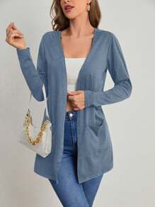 SHEIN LUNE Solid Color Long Sleeve Jacket With Pockets Fall Winter Cloth For Women - Blue - View 6