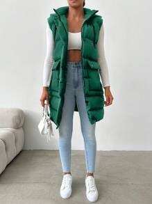 EURMUSE Women's Solid Color Front Zipper Sleeveless Casual Padded Coat - Green - View 4