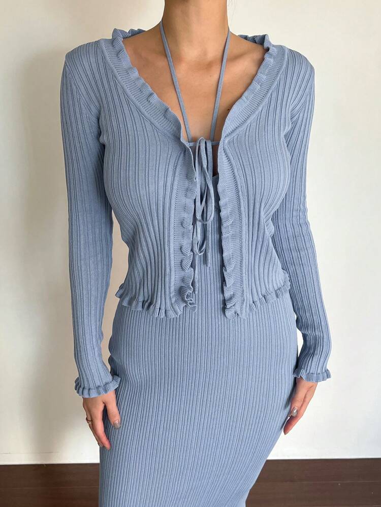2pcs Women's Solid Color Spaghetti Strap Dress And Long Sleeve Casual Jacket Set,Fall Clothes Women Sweater