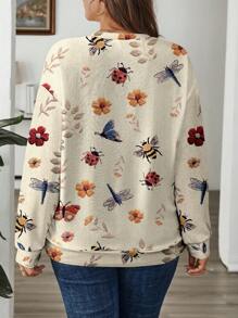 EMERY ROSE Áo nỉ dài tay rộng rãi in họa tiết đơn giản, giản dị, dễ mặc, cỡ lớn dành cho nữ mùa thu - Màu Khaki - Xem 2