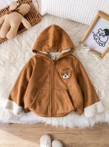 SHEIN 男婴可爱熊设计保暖内衬连帽夹克，卡其色，适合秋冬季，适合圣诞节 - 彩色 - 查看 6
