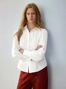 Maija Camisa blanca casual de botones con mangas abombadas de larga duración, otoño - Blanco - Ver 2
