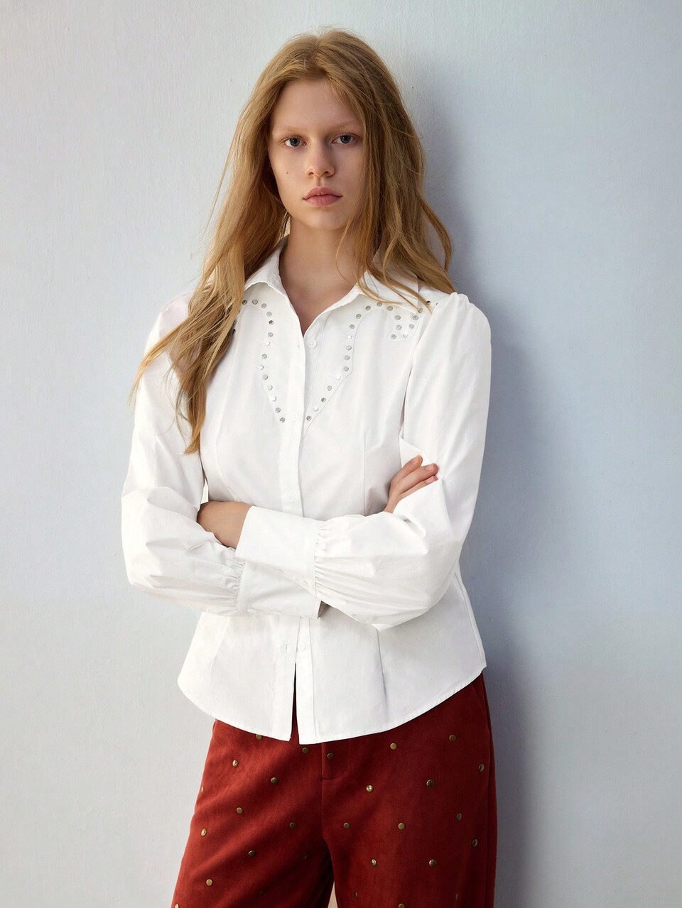 SHEIN Maija Camisa casual de botão branco de manga comprida com bolhas para mulheres, Outono