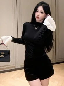 DAZY 女式拼色立领喇叭袖修身T恤，春秋长袖女上衣，秋季女装立领女装