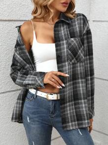 INAWLY Women's Casual Plaid Long Sleeve Shirt, Spring And Autumn - Black - View 3