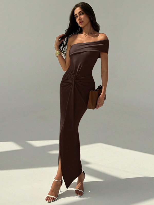 Aloruh Elegant Off Shoulder Twist Waist Decor Slimming High Slit Dress,Summer Dresses For Women,Tea Party Dress
