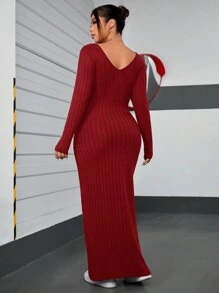 SHEIN EZwear 大码女式 V 领长袖罗纹修身优雅连衣裙，冬季 - 酒紅色 - 查看 2