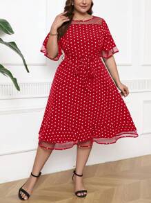 SHEIN Clasi Plus Size Women's Summer Polka Dot Print Mesh Splice Crew Neck Half Sleeve Elegant Dress - Red - View 4