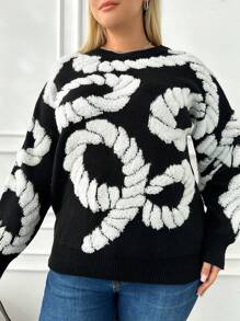 RueChic Frenchy Plus White Detailed Knit Sweater - Black and White - View 5