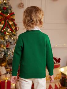 SHEIN 男童秋冬时尚卡通圣诞图案长袖柔软提花针织套头毛衣，可爱保暖内搭毛衣，适合秋冬季节穿着 - 綠色 - 查看 2
