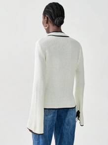 Chiquease Blusa casual de cuello redondo de manga larga con ribete de contraste, suéter de punto para otoño e invierno - Beis - Ver 2