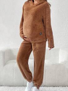 SHEIN Maternity Clothes 2pcs Maternity Solid Color Hoodie And Pants Set For Casual Everyday Wear - Camel - View 5