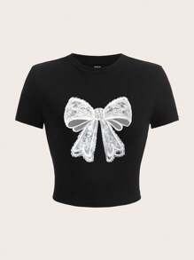 Slaydiva Áo thun bó sát cổ tròn tay ngắn in nơ ren tối giản giản dị cho nữ, mùa hè - màu đen - Xem 2