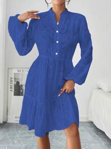 Chiquease 女士纯色 Schiffy 缺口领灯笼袖荷叶边下摆中长连衣裙 - 藏蓝色 - 查看 3