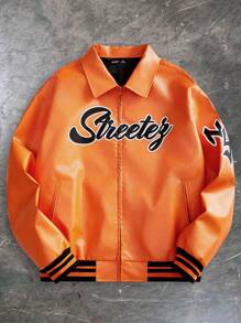 Manfinity VCAY 男士 PU 皮革宽松长袖夹克，外出图案夹克，适合朋友、丈夫、男朋友的礼物 - 橘色 - 查看 2