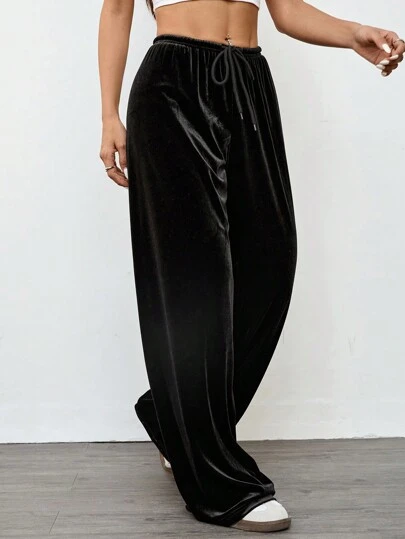 SHEIN EZwear Women's Vintage Casual Black Velvet Wide Leg Pants For Autumn And Winter