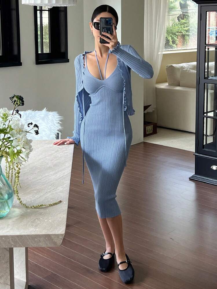 2pcs Women's Solid Color Spaghetti Strap Dress And Long Sleeve Casual Jacket Set,Fall Clothes Women Sweater