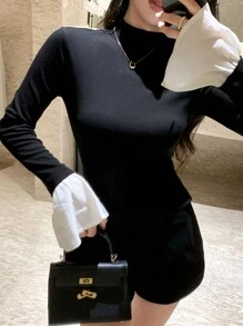 DAZY 女式拼色立领喇叭袖修身T恤，春秋长袖女上衣，秋季女装立领女装