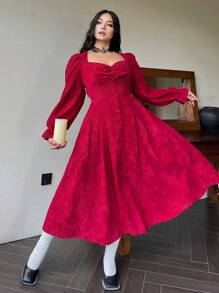 SHEIN Clasi 大码优雅红酒中长连衣裙，高腰，灯笼袖，纽扣细节，褶皱领和厚灯芯绒面料，适合秋冬季派对、会议、约会 - 酒紅色 - 查看 2