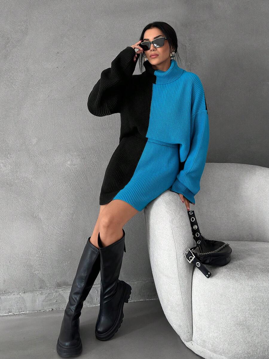 RueChic 女士彩色厚款常规版型冬季毛衣套装搭配迷你裙两件套 - 黑色 - 查看 1