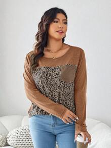 SHEIN LUNE Plus Size Women Spring Autumn Splice Leopard Print Crew Neck Long Sleeve Pocket Casual T-Shirt Thanksgiving Outfit Holiday Outfit