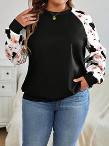 SHEIN LUNE 大码拼接圆领长袖简约卫衣，休闲日常穿着，适合感恩节假期 - 黑色 - 查看 5