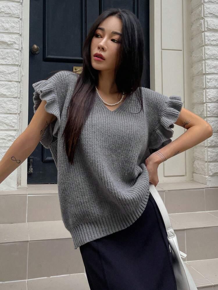 Sleeveless Loose Casual Ruffled Decoration Ladies Sweater Vest,Fall Clothes