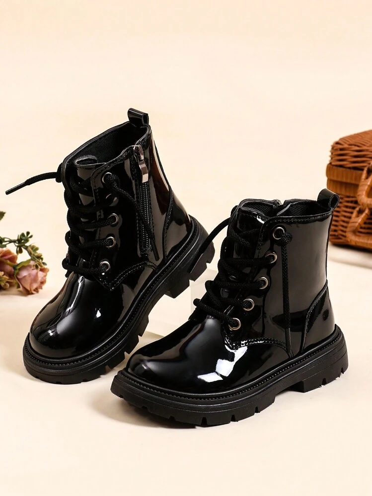 1 Pair Solid Color Patent Leather Shoelace Style Comfortable Fashion Versatile Durable Daily Boots For Kids - Black - View 1